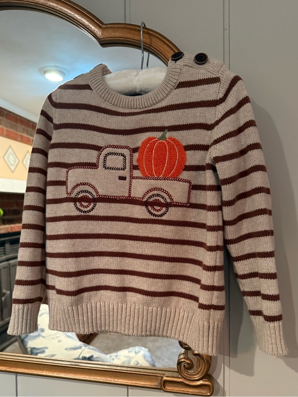 Gymboree Striped Knit Sweater in Cream & Brown with Orange Pumpkin